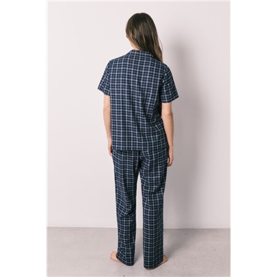 Pijama camisero algodón azul estampado cuadros
