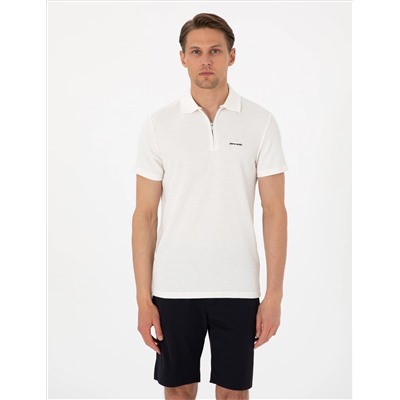 Ekru Slim Fit Örme Dokulu Polo Yaka Tişört