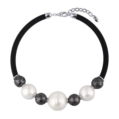 Колье Гевея (Майорка белая 30мм, лава черная, каучук черный; родий) 45-50см, Есть комплект