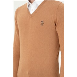 Erkek Slim Fit V Yaka Camel Melanj Basic Kazak
