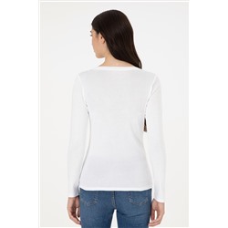 Kadın Beyaz Bisiklet Yaka Sweatshirt