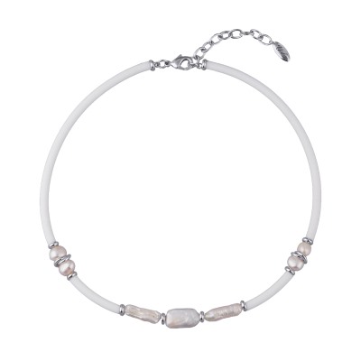 Колье Гевея (жемчуг белый, каучук белый; покрытие родий) 42-47см, Есть комплект