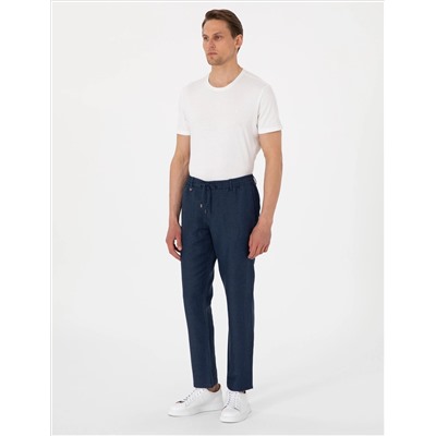 Lacivert Slim Fit Keten Karışımlı Pantolon
