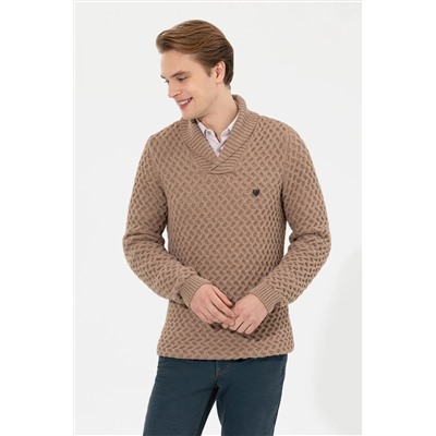 Erkek Camel Melanj Şal Yaka Triko Kazak