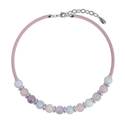 Колье Терра (морганит микс 10мм, каучук розовый; покрытие родий) 45-52см, Есть комплект