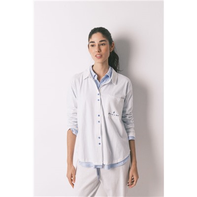 Pijama camisero largo 100% algodón blanco rayas