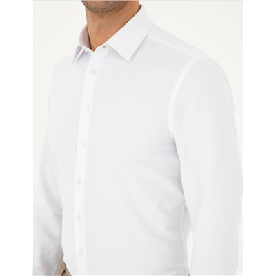 Beyaz Slim Fit Armürlü Uzun Kollu Gömlek