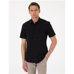 Siyah Basic Regular Fit Kısa Kollu Cepli Gömlek