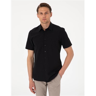 Siyah Basic Regular Fit Kısa Kollu Cepli Gömlek