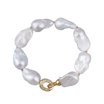 Браслет Барокко (жемчуг 15-25мм белый, фианит; покрытие золото) 21см, Есть комплект