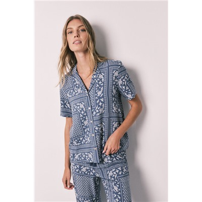 Pijama camisero largo manga corta estampado bandana azul