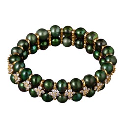 Браслет Вальс (жемчуг 7мм зеленый, белый фианит; покрытие золото), Есть комплект