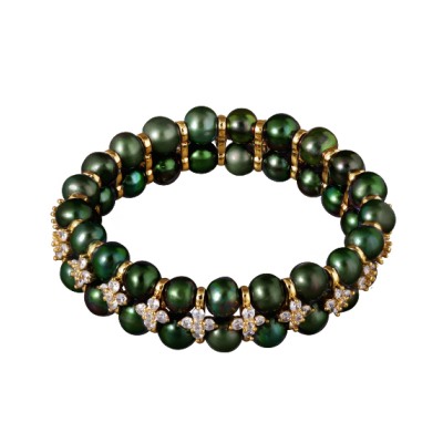 Браслет Вальс (жемчуг 7мм зеленый, белый фианит; покрытие золото), Есть комплект
