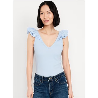 Ruffle-Trim Mixed Material Top