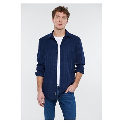 Mavi Keten Karışımlı Kareli Indigo Gömlek Slim Fit / Dar Kesim 0210653-84675
