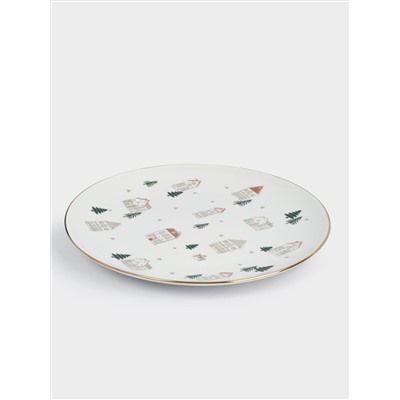 Тарелка обеденная, 27 см, фарфор N, бело-золотистая, Домики и ели, Townlet