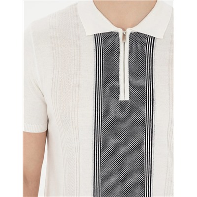 Beyaz Slim Fit Fermuarlı Polo Yaka Triko Tişört