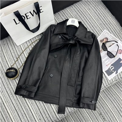 Новый стиль, куртка из овчины с длинными рукавами и лацканами, свободный стиль, кожаный галстук с бантом, дизайн 100%  Овчина высшего качества YB1:1 по индивидуальному заказу