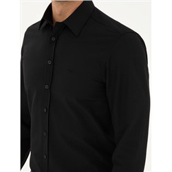 Siyah Slim Fit Armürlü Uzun Kollu Gömlek