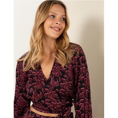 Siyah Desenli Crop Top Bluz
