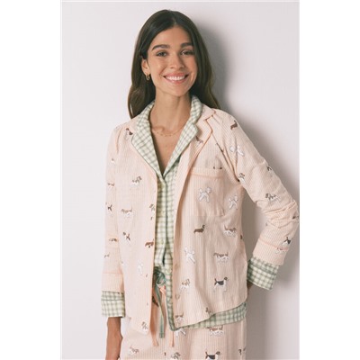 Pijama camisero largo 100% algodón estampado rayas y perritos