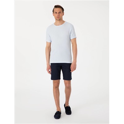 Lacivert Slim Fit Keten Karışımlı Beli Bağcıklı Dokuma Şort