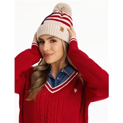 LADIES FLEECE LINED AMERICANA BEANIE WITH POM POM