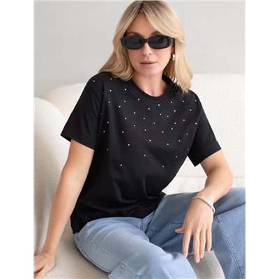 Нарядная футболка с принтом стразами из премиального хлопка с эластаном