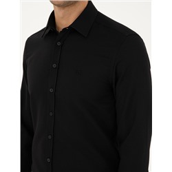 Siyah Slim Fit Armürlü Uzun Kollu Gömlek