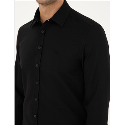 Siyah Slim Fit Armürlü Uzun Kollu Gömlek