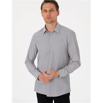 Siyah Slim Fit Çizgili Uzun Kollu Gömlek