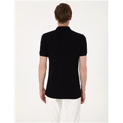 Siyah Slim Fit Örme Dokulu Polo Yaka Tişört