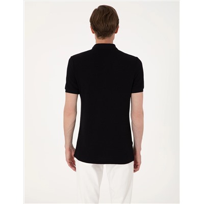 Siyah Slim Fit Örme Dokulu Polo Yaka Tişört