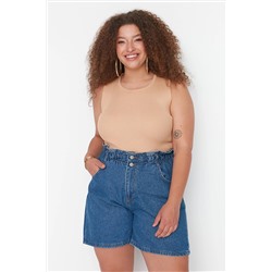 Trendyol Curve Mavi Yüksek Bel Beli Lastikli Önden Düğmeli Jean Şort TBBSS22JE00015