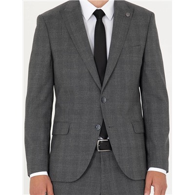 Füme Ekose Yün Karışımlı Ekstra Slim Fit Takım Elbise