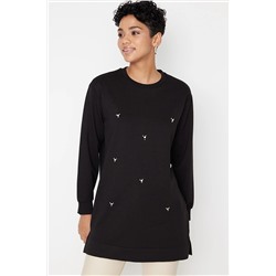 TRENDYOL MODEST Siyah Bisiklet Yaka Taş Detaylı Örme Tunik TCTSS22TN0072
