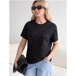 Нарядная футболка с принтом стразами из премиального хлопка с эластаном