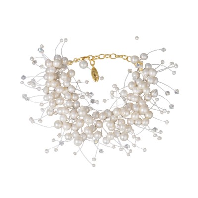 Браслет Грозди (жемчуг белый 3-7мм, SW белые хамелеон; золото) 17-22см, Есть комплект