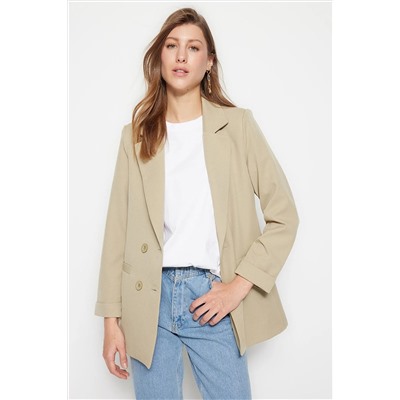 TRENDYOL MODEST Açık Haki Çift Düğmeli Astarlı Blazer Dokuma Ceket TCTAW22CK0013