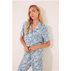 Pijama camisero largo viscosa flores azul