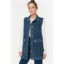TRENDYOL MODEST Koyu Mavi Gömlek Yaka Cep Detaylı %100 Pamuk Denim Yelek Ceket TCTAW22CK0006