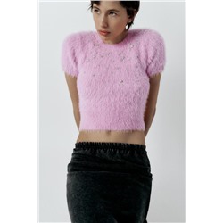 FAUX FUR SWEATER WITH RHINESTONES