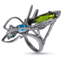 Кольцо Кузнечик (кристаллы SW зеленые, голубые; покрытие античное серебро), Есть комплект