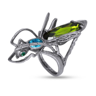 Кольцо Кузнечик (кристаллы SW зеленые, голубые; покрытие античное серебро), Есть комплект
