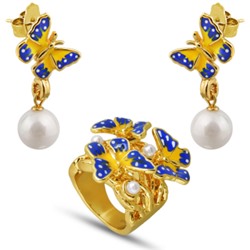 Комплект (жемчуг белый, эмаль желтая, синяя; покрытие золото)