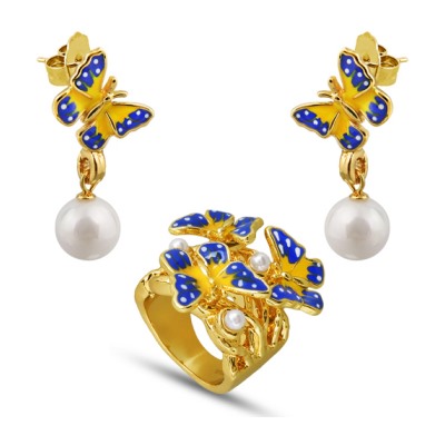 Комплект (жемчуг белый, эмаль желтая, синяя; покрытие золото)