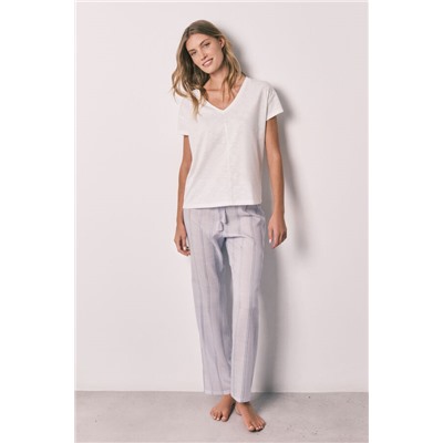 Pijama largo lila manga corta algodón rayas