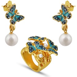 Комплект (жемчуг белый, эмаль голубая, синяя; покрытие золото)