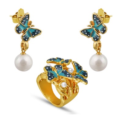 Комплект (жемчуг белый, эмаль голубая, синяя; покрытие золото)