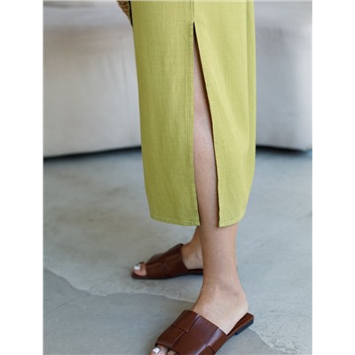 Длинное платье-рубашка с поясом и разрезами изо льна с вискозой